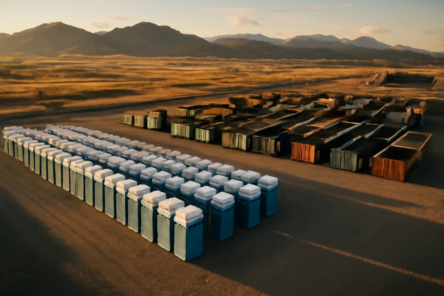 Aerial view of a Colorado site services yard with equipment and foothills at dusk