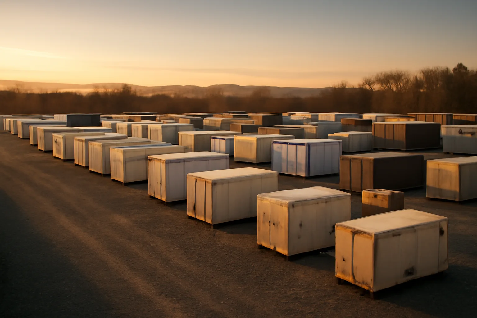 Outdoor site services yard at dawn with portable equipment staged on gravel