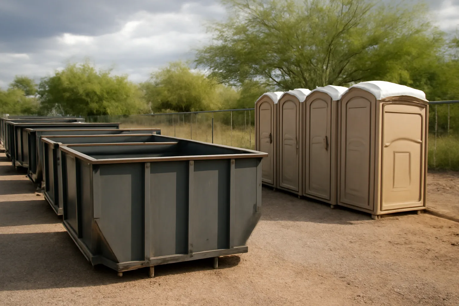Arizona site services yard with roll-off boxes at dusk