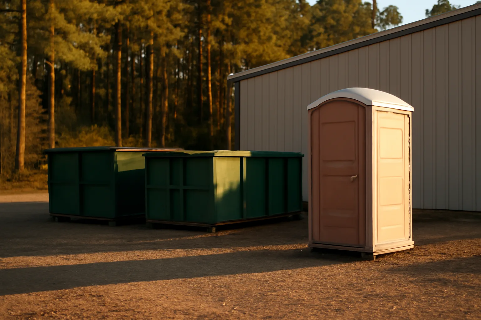 Arkansas gravel yard with roll-off containers and a portable toilet