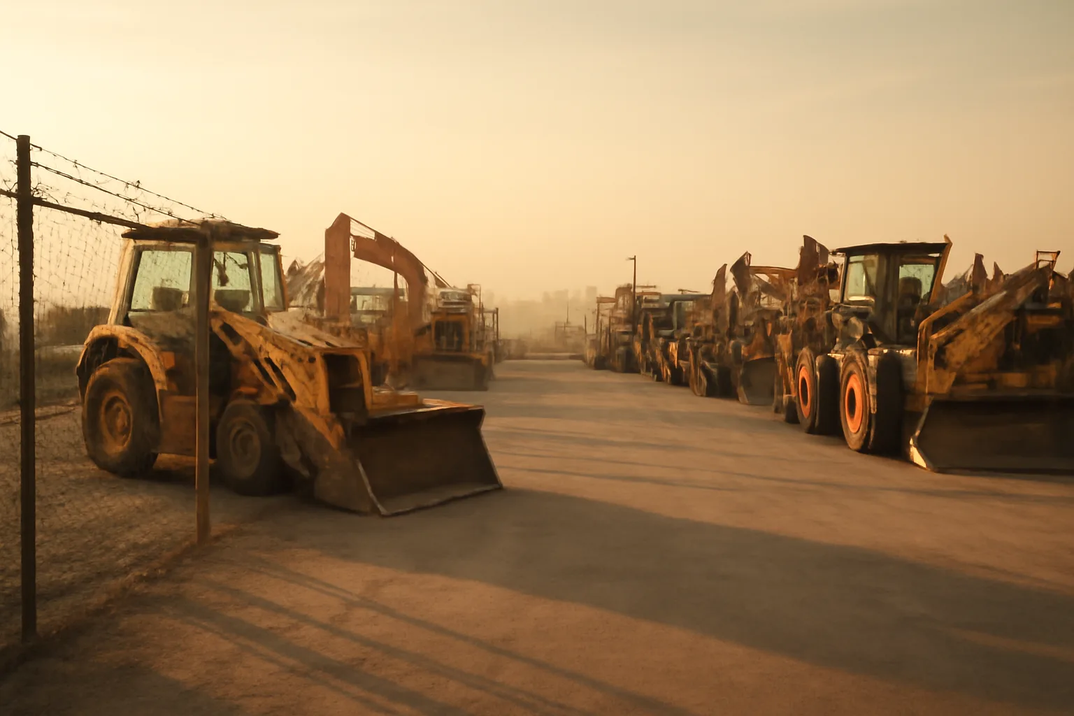 California site services yard with heavy equipment parked in rows at dawn