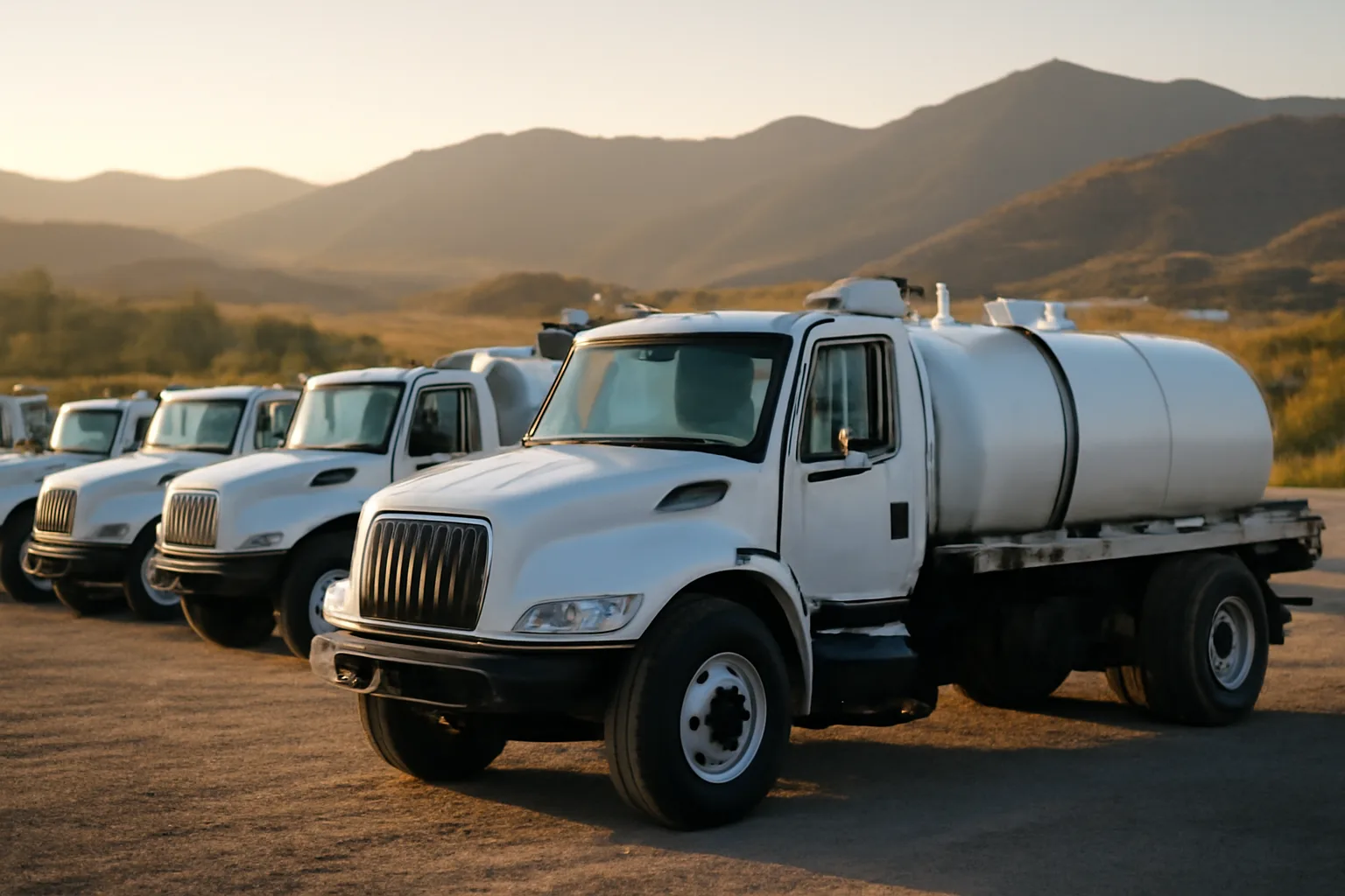 White pump trucks parked in a gravel site services yard in Colorado morning light