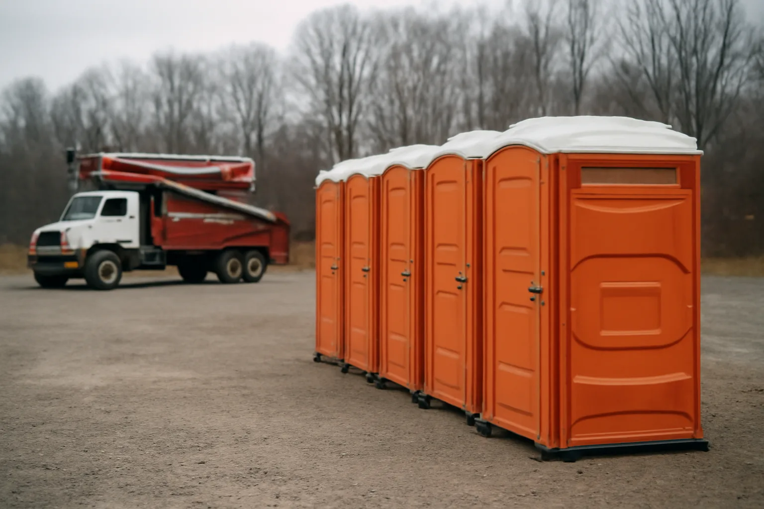 Site services yard with staged portable restrooms and pump truck in Connecticut morning light